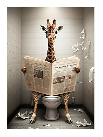 Tuvalette Gazete Okuyan Zürafa Desenli Ahşap Tablo