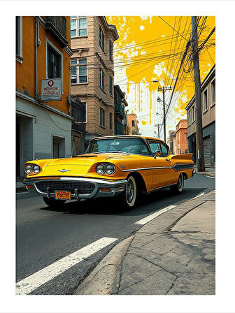 Altın Cadillac Sokakta Hediyelik Mdf Tablo