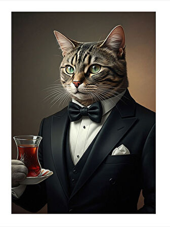 Şık Kedinin Zarafeti Ve Çay Tasarım Mdf Tablo