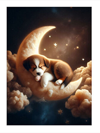 Ay Altında Yavru Köpek Art Mdf Poster