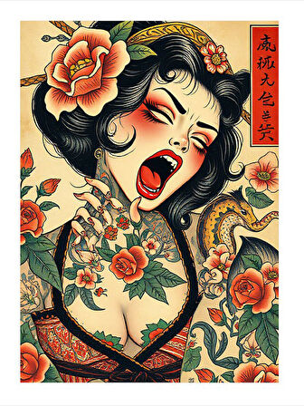 Japon Güzeli Ve Çiçek Dekoratif Mdf Tablo