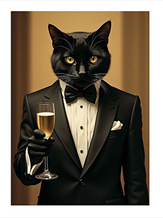 Şampanya Ve Kedi Modern Ahşap Tablo