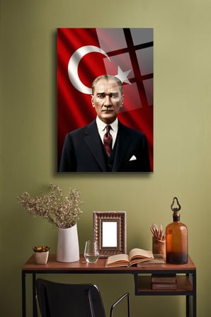 Atatürk Cam Tablo Portre Cam Tablo Duvar Dekoru Atatürk Portresi Kırılmaz Cam Solmaz Baskı 009