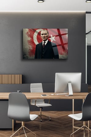 Atatürk Cam Tablo-Portre Cam Tablo Duvar Dekoru Atatürk Portresi Kırılmaz Cam Solmaz Baskı
