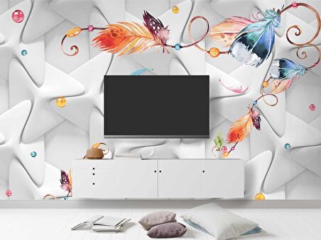 Renkli Tüy Desenli Geometrik Şekilli 3 Boyutlu 3D Duvar Kağıdı