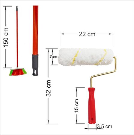 Uzun Hafif Demonte Saplı 150 cm Geniş 22 cm Tüylü Boya Badana Rulosu Merdanesi Fırçası Silindiri