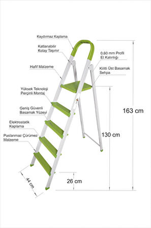 Uzun Büyük 130 cm A Tipi 4+1 Toplam 5 Kaydırmaz Basamaklı Sehpalı Sağlam Pabuçlu Merdiven Basamak