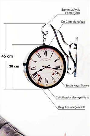 Büyük 45cm Sessiz Yuvarlak Çelik Çift Taraflı Caml Dikey Duran İki Yönlü Duvar Saati Station Clock