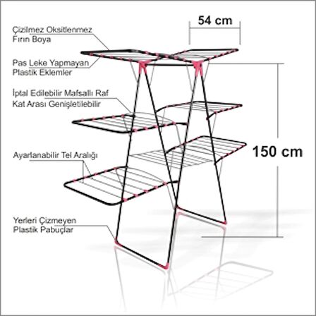 Paslanmaz Fayansı Çizmeyen Leke Yapmayan Üç 3 Katlı 150 cm Çamaşırlık Kurutmalık Askısı Rafı Teli