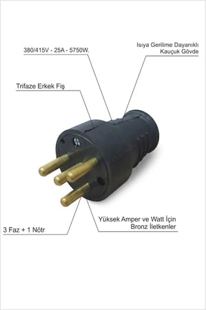 Sadece Trifaze 3 Faz 1 Nötr 380/415V Max.5750W 25A Gerilime ve Isıya Dayanıklı Bakır ve Kauçuk Erkek Fiş