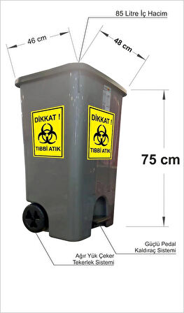 Büyük 85Lt Tekerlekli Saplı Hastane Klinik Revir Tıbbi Atık Sızdırmaz Kırılmaz Çöp Kovası Arabası