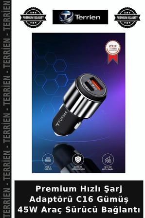 Premium Hızlı Şarj Adaptörü C16 Gümüş 45W Araç Sürücü Bağlantı