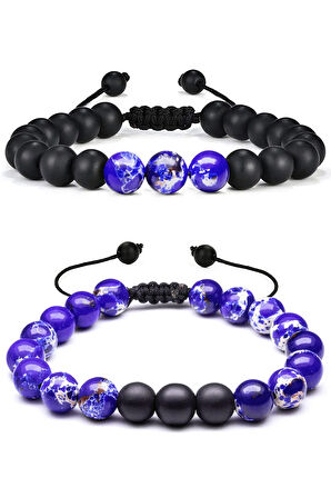 Sertifikalı Çift Doğal Taş Bileklik Seti Doğal Mavi Beyaz Renk