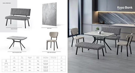 Koza Bank Yemek Masası Takımı – 80×120 cm Gri Mermer, 2 Antrasit Bank, 2 Sandalyeli