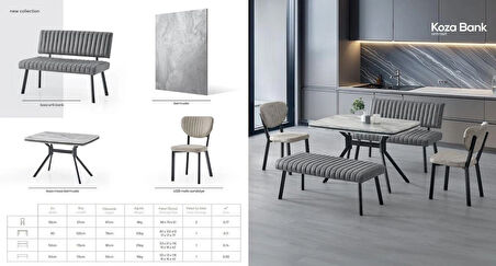 Koza Bank Yemek Masası Takımı – 80×120 cm Gri Mermer, 2 Antrasit Bank, 2 Sandalyeli