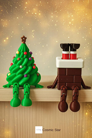 Oturan Yılbaşı Çam Ağacı Dekorlu Ve Bacaya Sıkışmış Noel Baba Figür Seti | Eğlenceli Masa Dekoru Süs