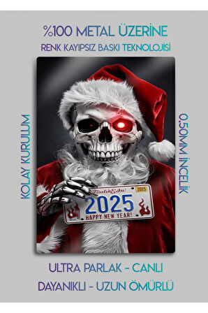 Happy New Year, Mutlu Yıllar Kurukafa Noel - Metal Tablo