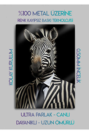 Takım Elbiseli Zebra, Çizgili - Sanatsal Metal Hayvan Tablosu