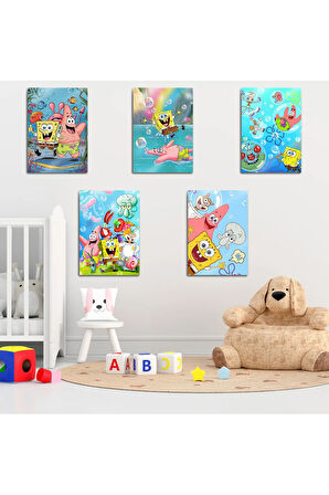 Metal Baskı - SüngerBob, Çocuk Bebek Odası, SpongeBob 5'li Set Tablo