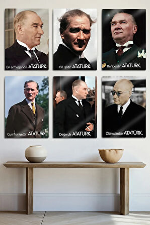 Metal Baskı - Mustafa Kemal Atatürk, Bir Değerdir Yazılı, 6'lı Dekoratif Tablo