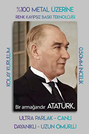 Metal Baskı - Mustafa Kemal Atatürk, Bir Değerdir Yazılı, 6'lı Dekoratif Tablo