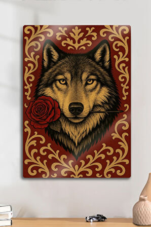 Metal Levha Üzerine Parlak Baskı - Mitolojik Türk Kurt Tablosu, Gül Temalı