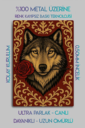 Metal Levha Üzerine Parlak Baskı - Mitolojik Türk Kurt Tablosu, Gül Temalı