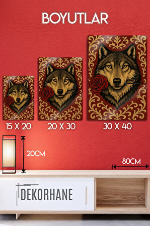 Metal Levha Üzerine Parlak Baskı - Mitolojik Türk Kurt Tablosu, Gül Temalı