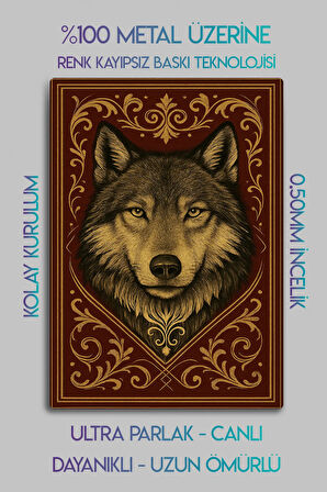 Metal Levha Üzerine Parlak Baskı - Mitolojik Türk Kurt Dekoratif Tablo