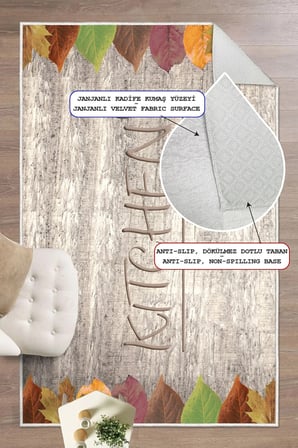 Sonbahar Temalı Kitchen Yazılı Baskılı Yıkanabilir Mutfak Halısı Yolluk
