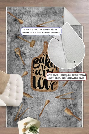 Baked with Love Yazılı Baskılı Kaymaz Yıkanabilir Mutfak Halısı