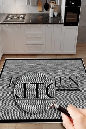 Kitchen Yazılı Çerçeveli Gri Baskılı Yıkanabilir Kaymaz Mutfak Halısı