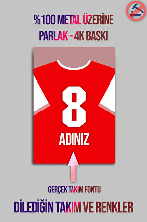 Parlak Metal Levha Üzerine - İsim Yazdırmalı Taraftar Forma, Tüm Takımlar, Arsenal