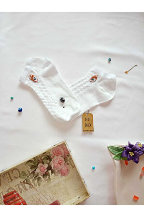 3 ÇİFT PAMUKLU PATİK ÇORAP BURUN DİKİŞSİZ KISA KONÇ DESENLİ KADIN ÇORABI 36-40 KREM BEYAZ