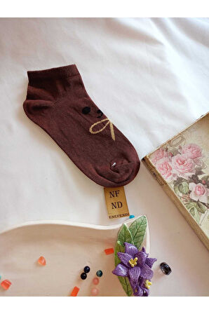 2 ÇİFT ÇORAP PAMUKLU BURUN DİKİŞSİZ KISA KONÇ DESENLİ KADIN PATİK ÇORABI 36-40 KREM KAHVERENGİ