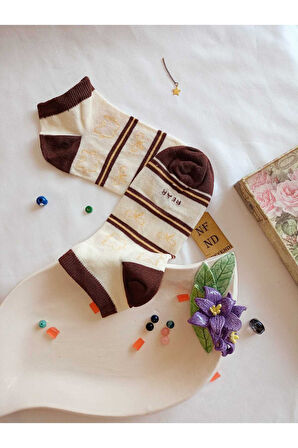 2 ÇİFT ÇORAP PAMUKLU BURUN DİKİŞSİZ KISA KONÇ DESENLİ KADIN PATİK ÇORABI 36-40 KREM KAHVERENGİ