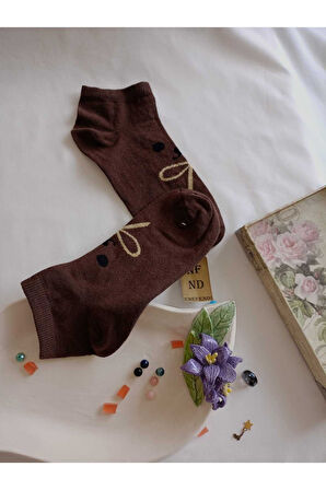 2 ÇİFT ÇORAP PAMUKLU BURUN DİKİŞSİZ KISA KONÇ DESENLİ KADIN PATİK ÇORABI 36-40 KREM KAHVERENGİ