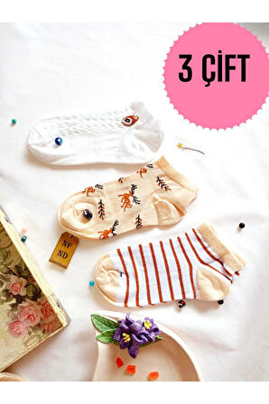 3 ÇİFT PATİK ÇORAP DİKİŞSİZ KADIN PAMUKLU KISA KONÇ DESENLİ ÇORABI 36-40 KREM KAHVE