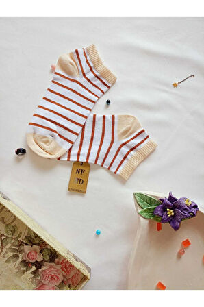 3 ÇİFT PATİK ÇORAP DİKİŞSİZ KADIN PAMUKLU KISA KONÇ DESENLİ ÇORABI 36-40 KREM KAHVE