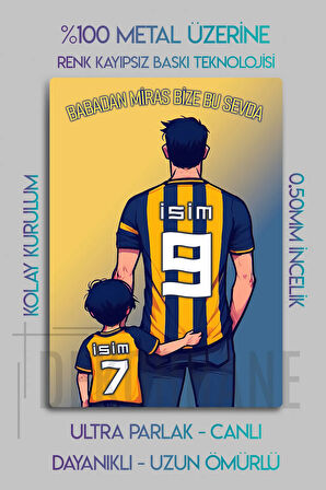 Metal Baskı - Kişiye Özel Taraftar Tablosu, Sarı Lacivert Baba Oğul Çocuk, İsim Yazdırmalı