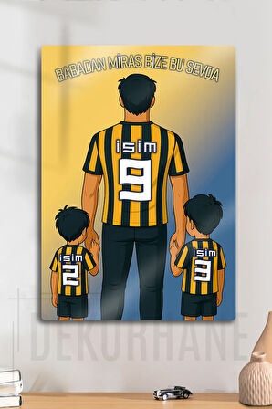 Metal Baskı - Kişiye Özel Taraftar Tablosu, Sarı Lacivert Baba Oğul Çocuk, İsim Yazdırmalı