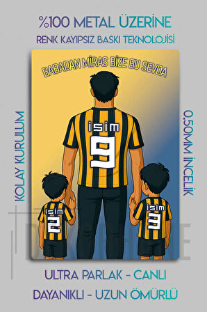 Metal Baskı - Kişiye Özel Taraftar Tablosu, Sarı Lacivert Baba Oğul Çocuk, İsim Yazdırmalı