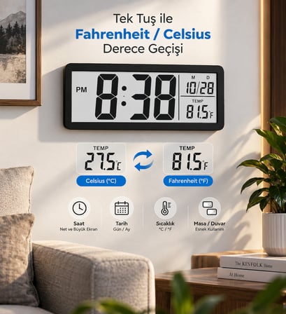 Dijital Masa ve Duvar Saati Büyük LCD Ekran Tarih Sıcaklık Göstergeli 20x8 cm Ev Ofis