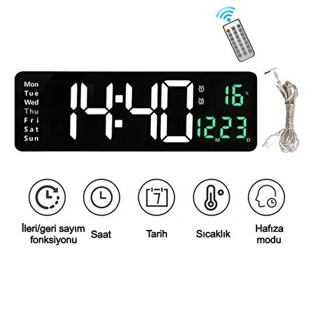 Uzaktan Kumandalı LED Dijital Duvar Saati Geri Sayım Tarih Sıcaklık Çift Alarm Özellikli