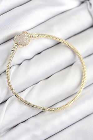 Pirinç Charm Zirkon Taşlı Kalp Model Gold Renk Kadın Bileklik - TJ-BB7809