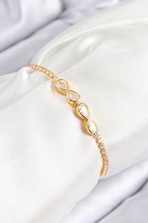 Pirinç Zirkon Taşlı Sonsuzluk Model Gold Renk Asansörlü Kadın Bileklik - TJ-BB7721