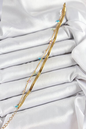 316L Çelik Gold Renk Karışık Renkli Kristal Taşlı 2'li Kadın Bileklik - TJ-BB7093