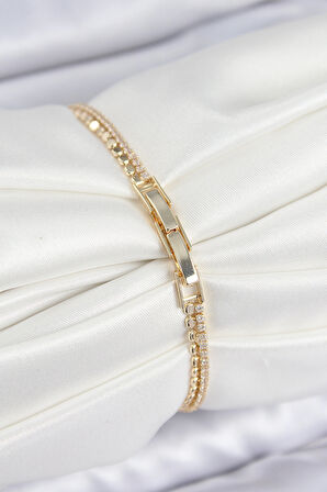 Pirinç Zirkon Taşlı Ezme Zincirli Sıralı Model Gold Renk Kadın Bilekilk - TJ-BB7655