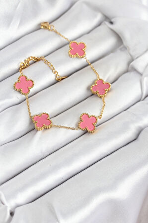 316L Çelik Gold Zincir Pembe Yonca Renk Bileklik - TJ-BB7908