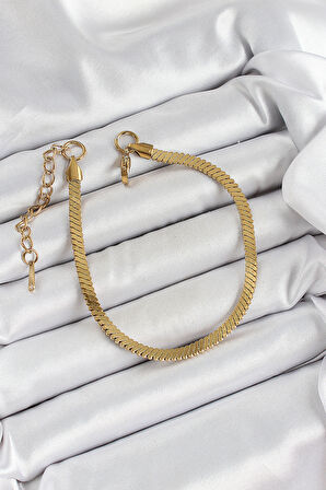 316L Çelik Gold Renk Yassı Zincir Model Kadın Bileklik - TJ-BB7086
